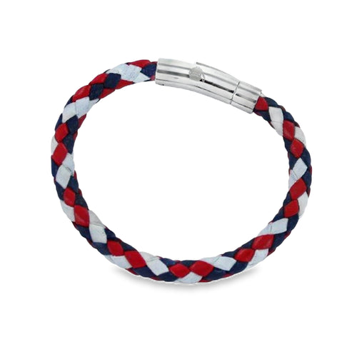 A leather plaited bracelet in red, white and navy colours, with a stainless steel clasp that has the school in a bag charity logo engraved on it.
