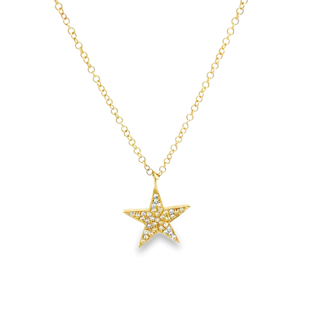 A gold star pendant necklace adorned with small clear diamonds suspended from a delicate gold chain against a solid white background.