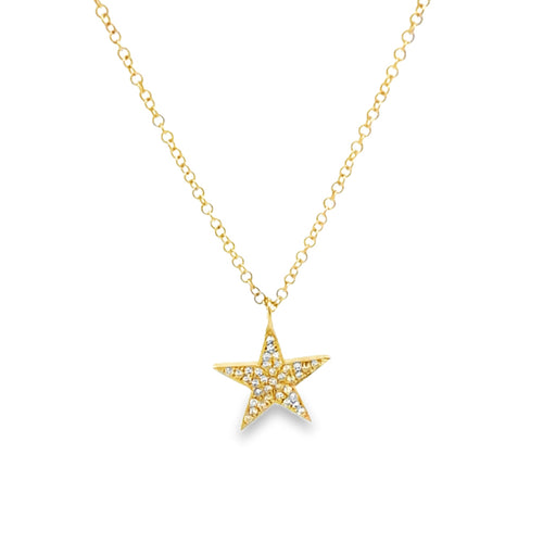 A gold star pendant necklace adorned with small clear diamonds suspended from a delicate gold chain against a solid white background.
