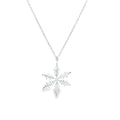 A silver snowflake pendant necklace on a delicate silver chain, shown against a plain white background.