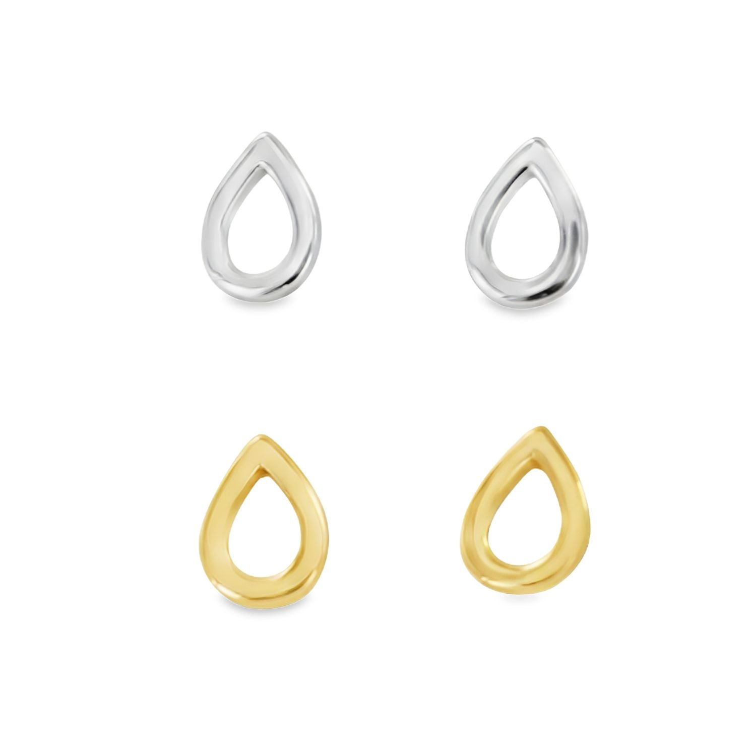 Two pairs of teardrop stud earrings, one sterling silver and one with gold plating.