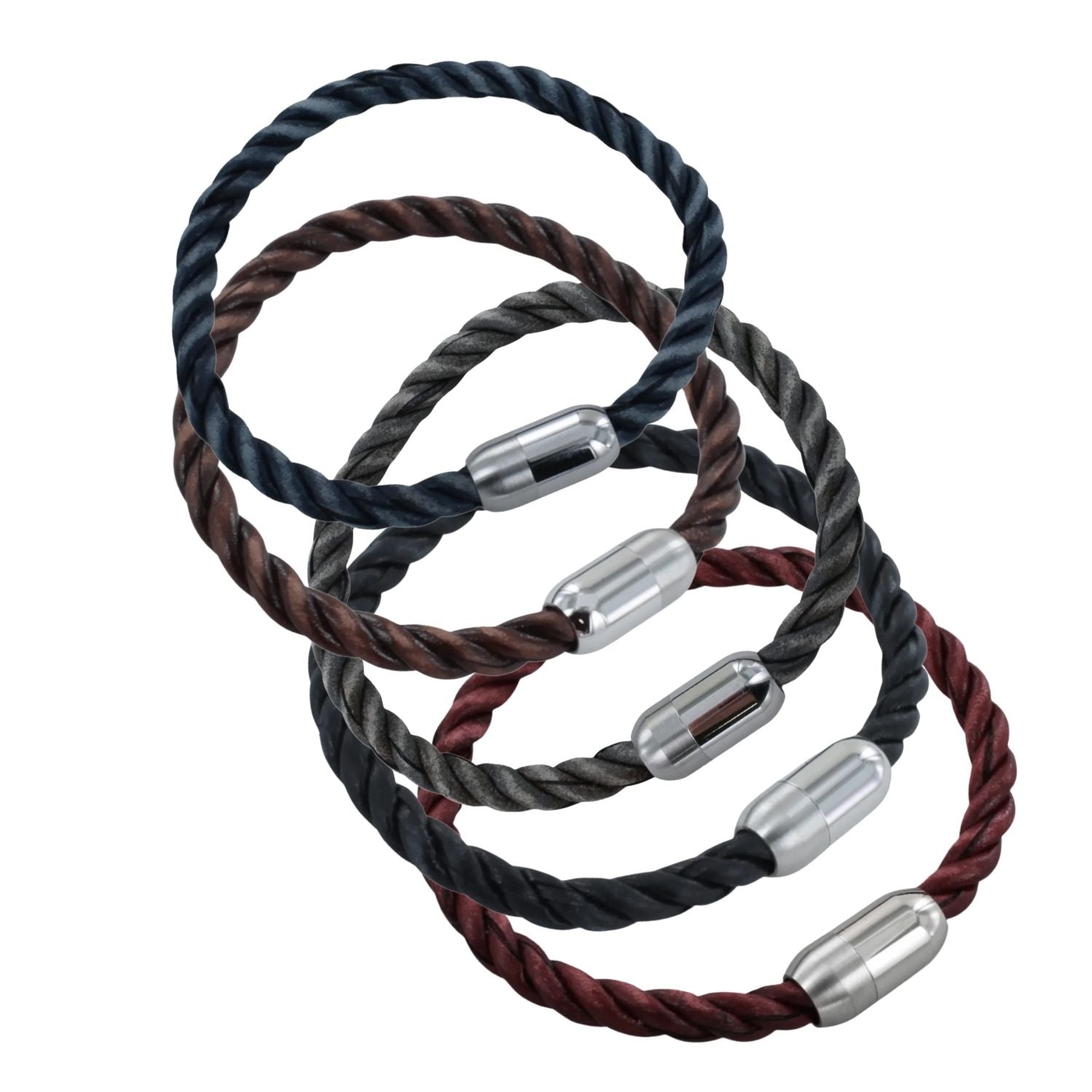 Five twisted leather bracelets in various colours, finished with stainless steel magnetic clasps. The bracelet colours are navy, brown, grey, black and red.