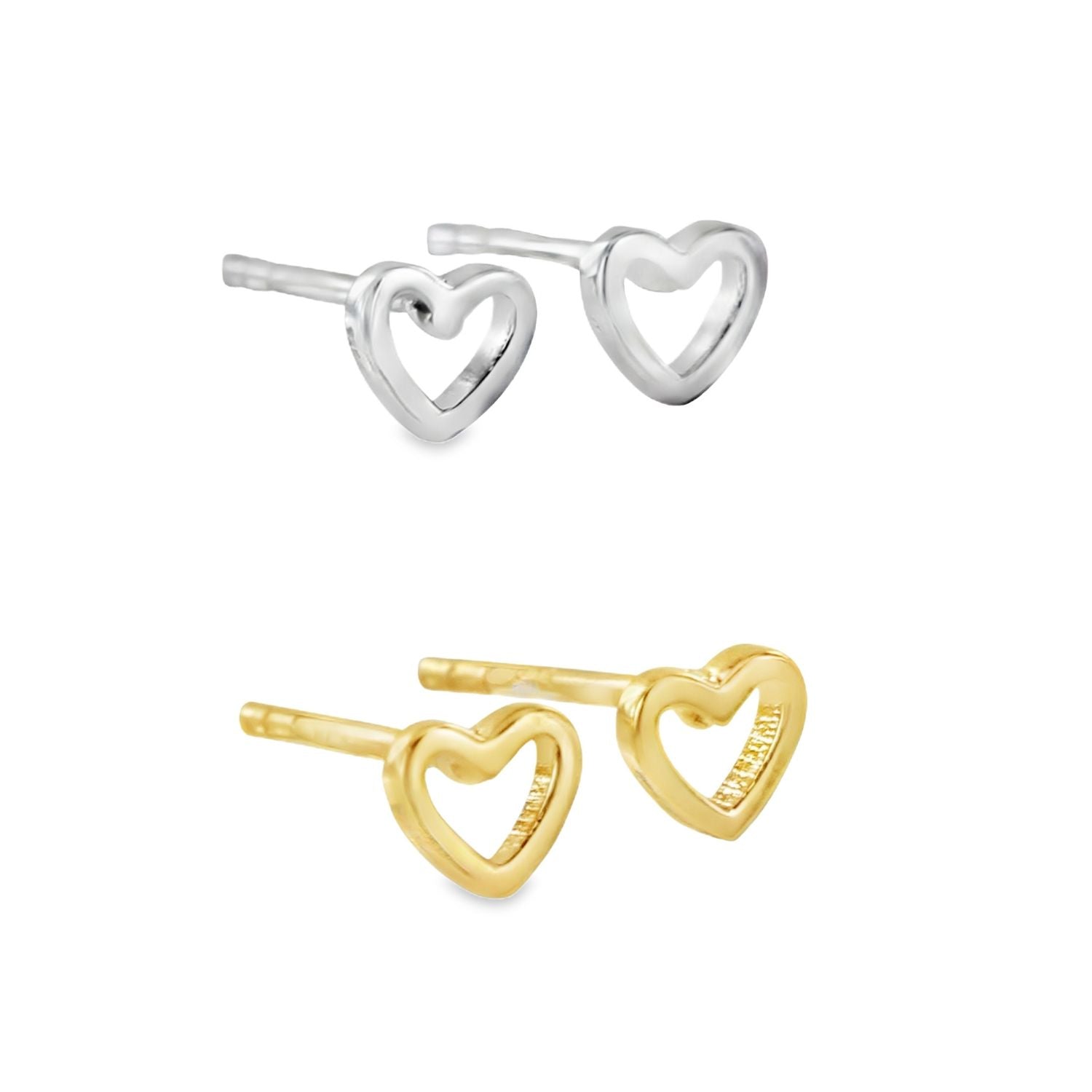 Two pairs of sterling silver heart silhouette shaped stud earrings, one in silver and one in 18ct gold plate.