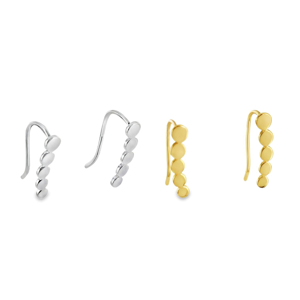 Two pairs of hook earrings, one in sterling silver and one with 18ct gold plating. The hooks have five high shine circle charms set in a vertical line.