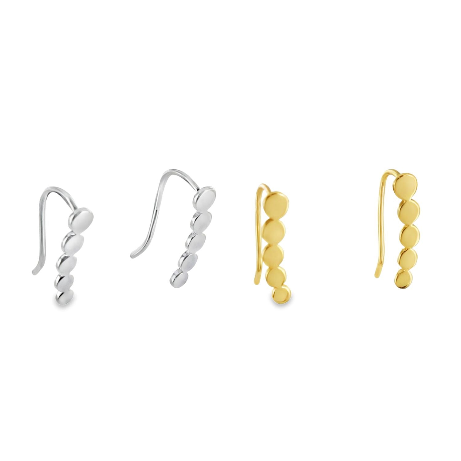Two pairs of hook earrings, one in sterling silver and one with 18ct gold plating. The hooks have five high shine circle charms set in a vertical line.