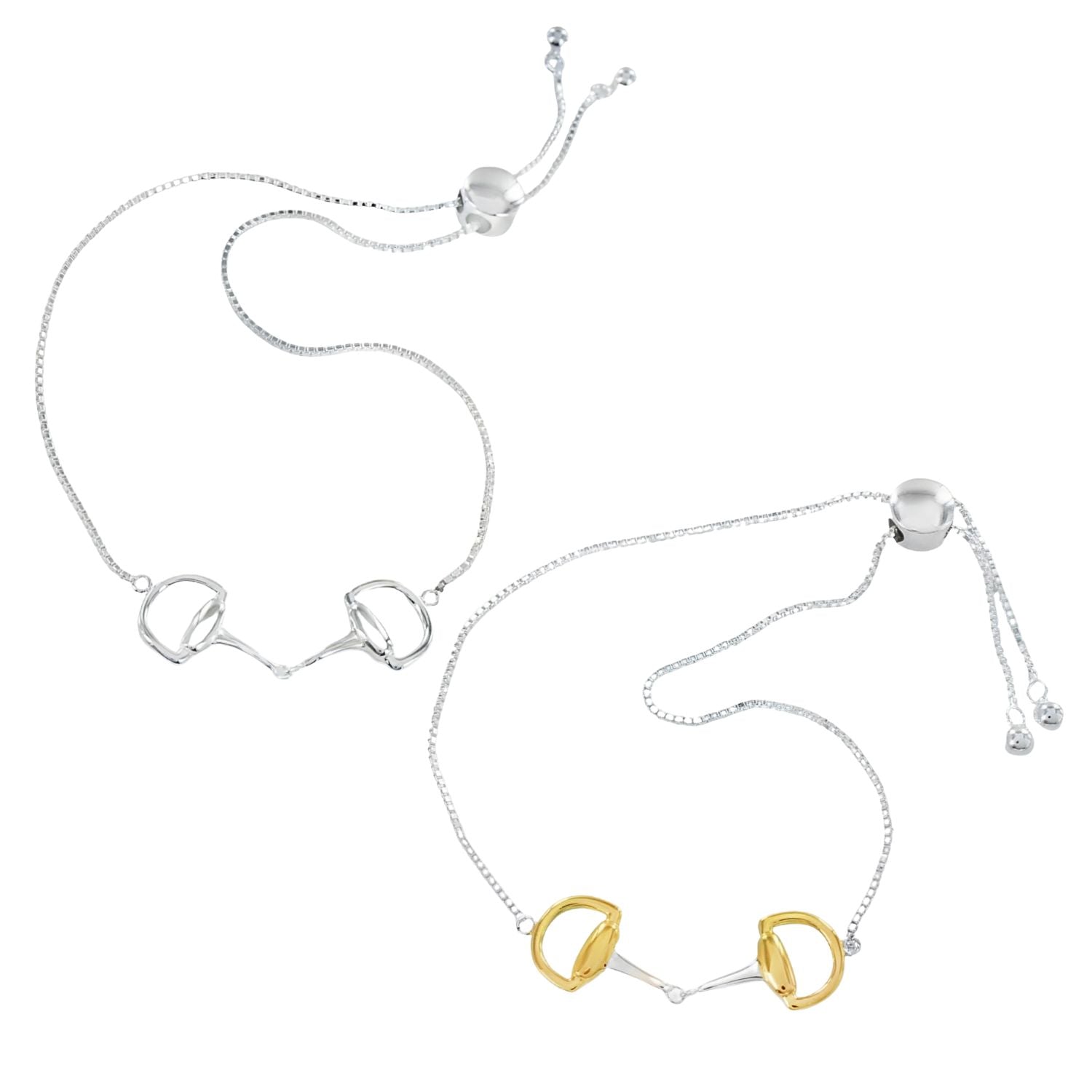 Two fine chain bracelets in sterling silver, one with a silver snaffle at the centre and one with 18ct gold plating. The bracelets are finished with a slider clasp.