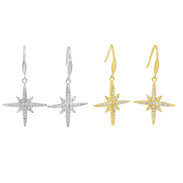 eight point star-shaped earrings in silver and gold plate, with cubic zirconia stones hanging on silver hooks.