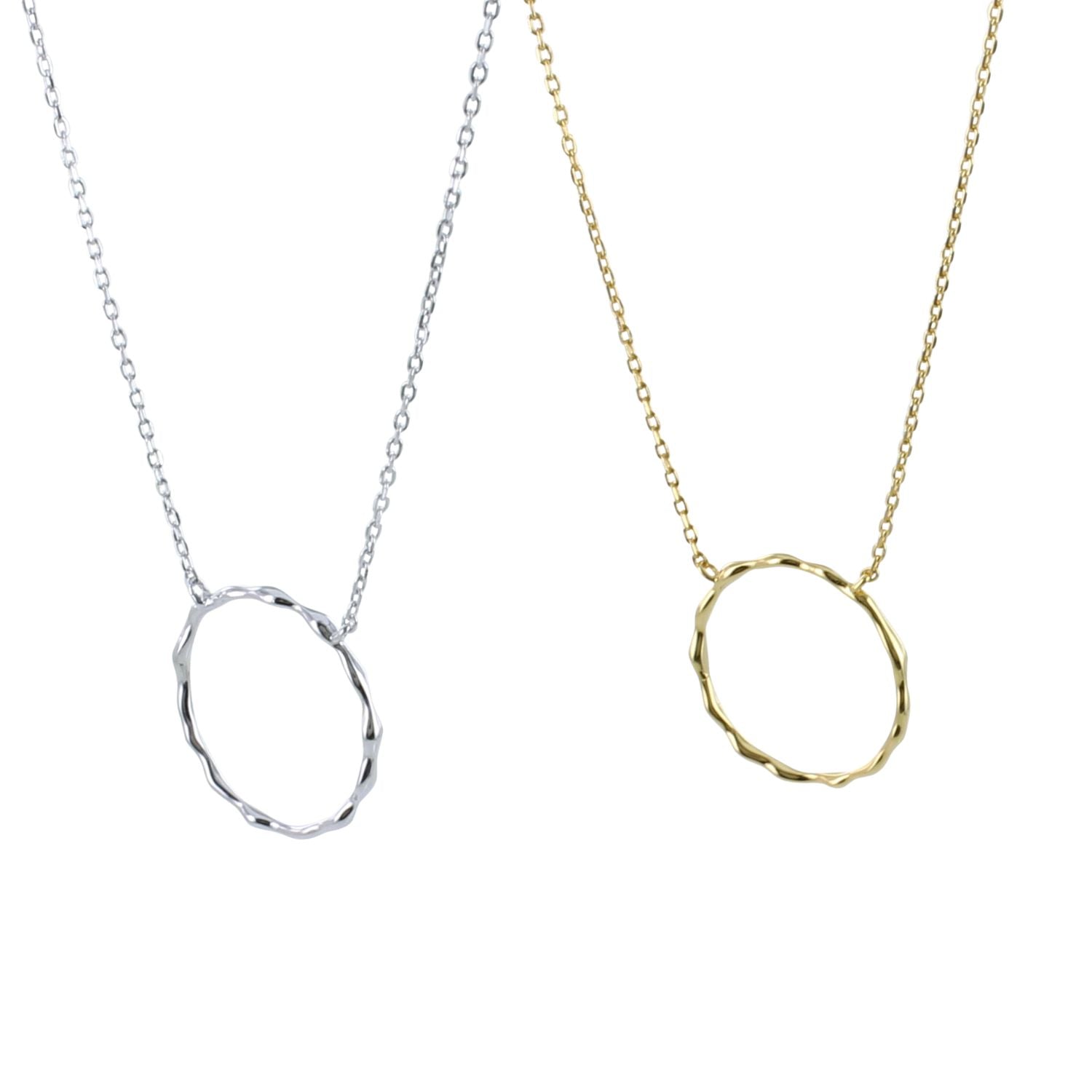 Two Hula Hoop Necklaces, one silver and one gold plate, hanging on silver chains.