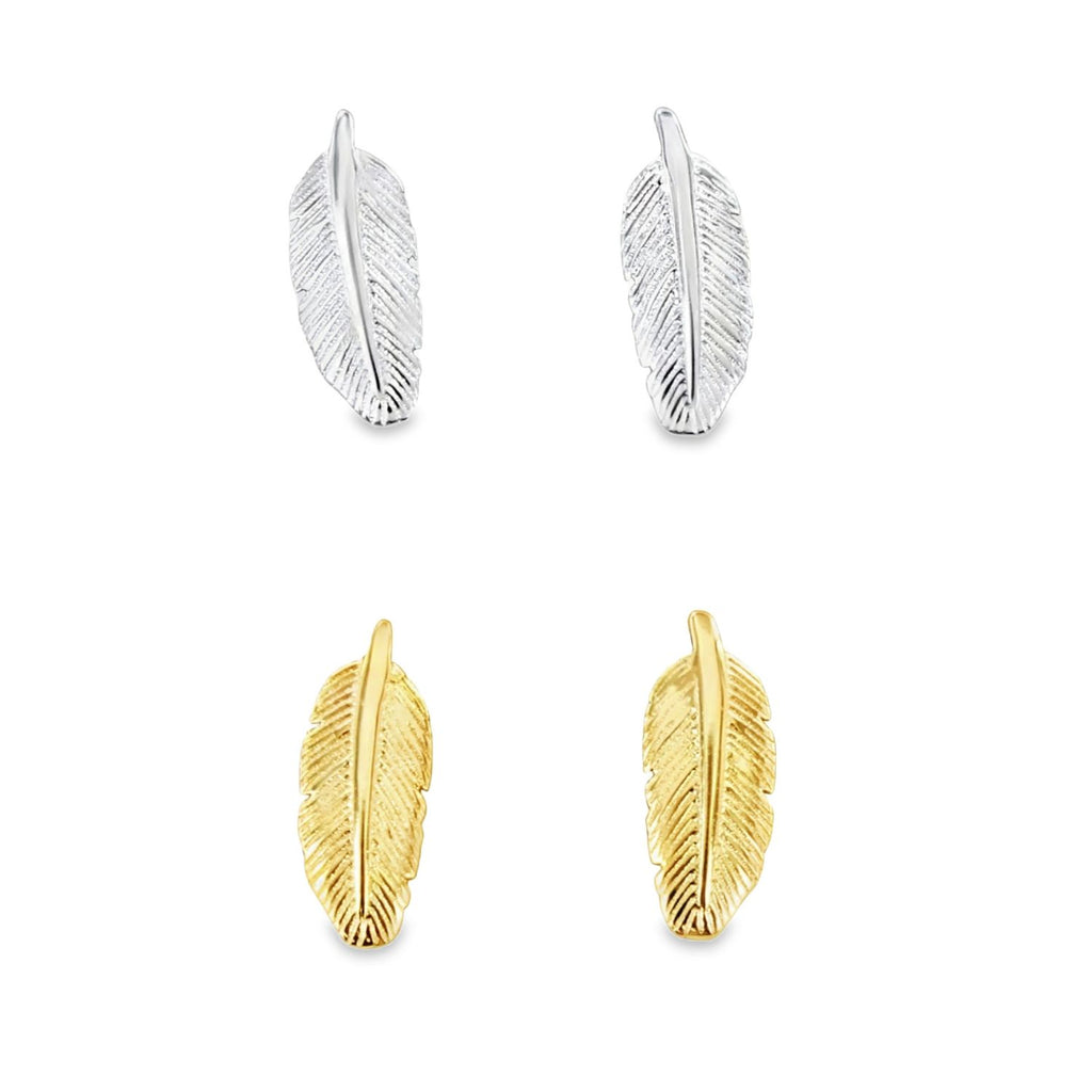 Two pairs of small feather stud earrings, one in sterling silver and one in 18ct gold plate.