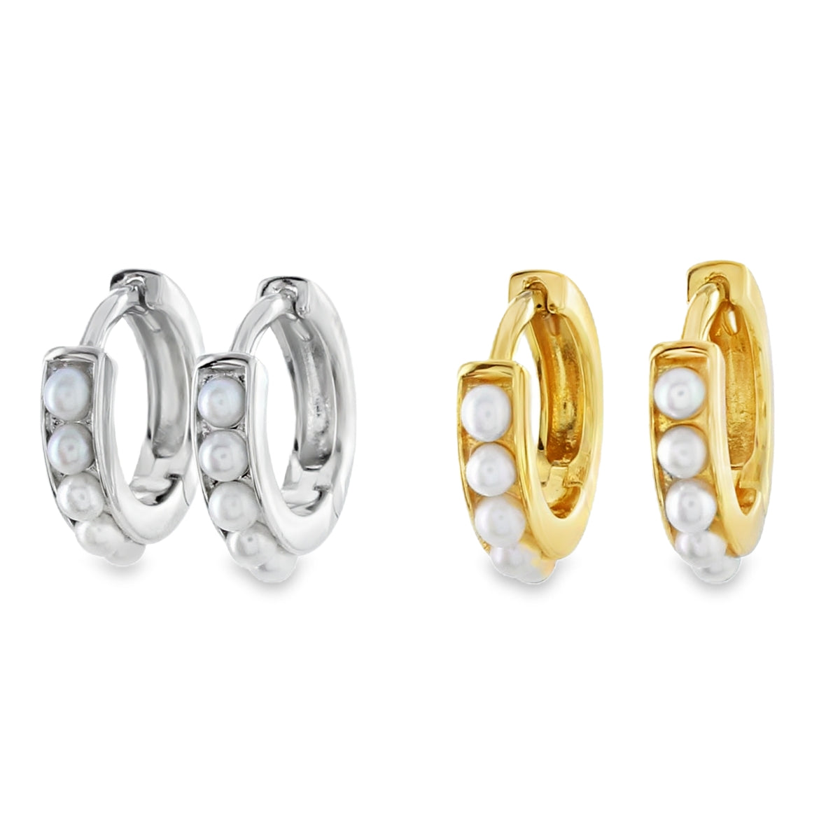 Two pairs of huggie hoop earrings on a white background, one in sterling silver and one with 18ct gold plating. Each hoop has white pearls set along the front of the hoop.