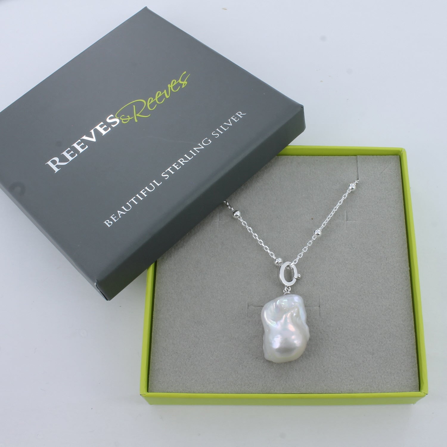 sterling silver Baroque pearl necklace in a Reeves & Reeves box
