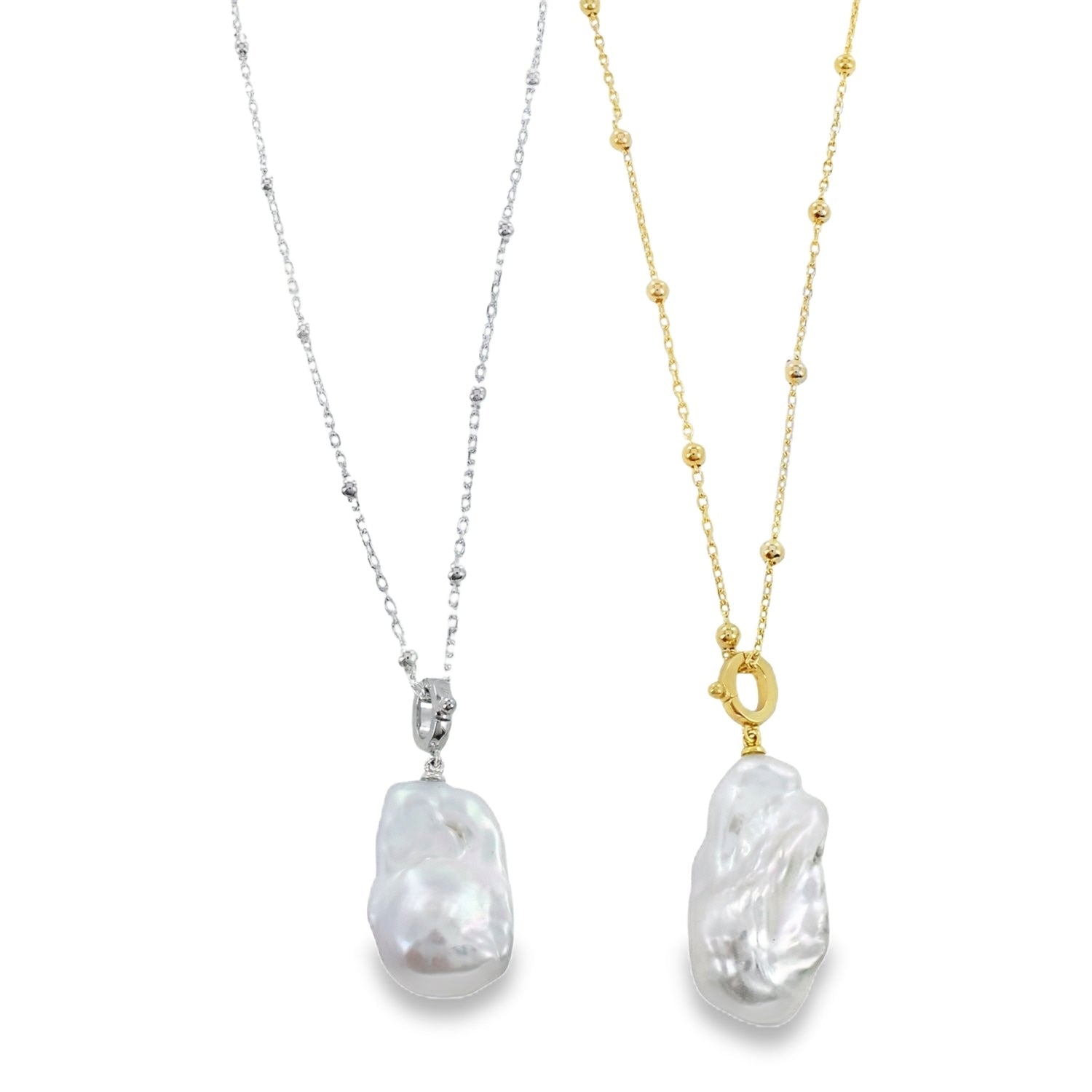 Two necklaces, one with a silver beaded chain and one with a gold plated beaded chain. Both with a baroque pearl hanging from the bottom of the chains.