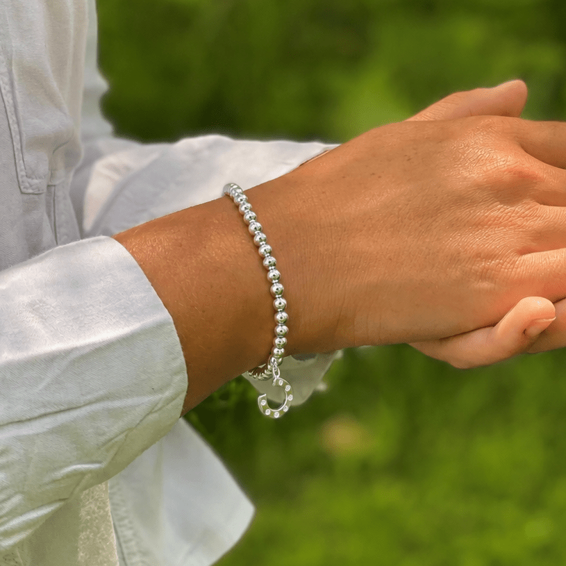 Beaded Sterling Silver Bracelet with Pavé Horseshoe Charm - Reeves & Reeves