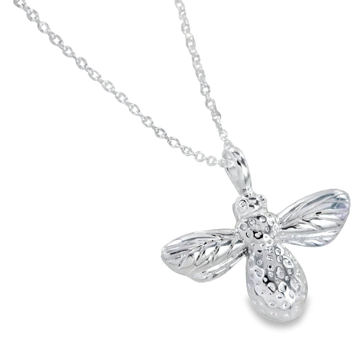 Sterling Silver Bumble Bee Necklace hanging on a silver adjustable chain.