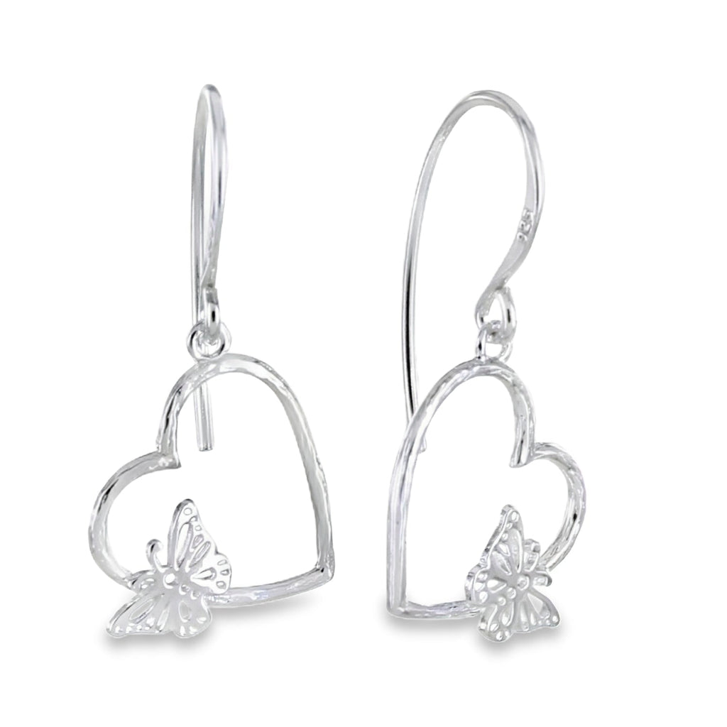 Butterfly in Heart Sterling Silver Drop Earrings - Reeves & Reeves