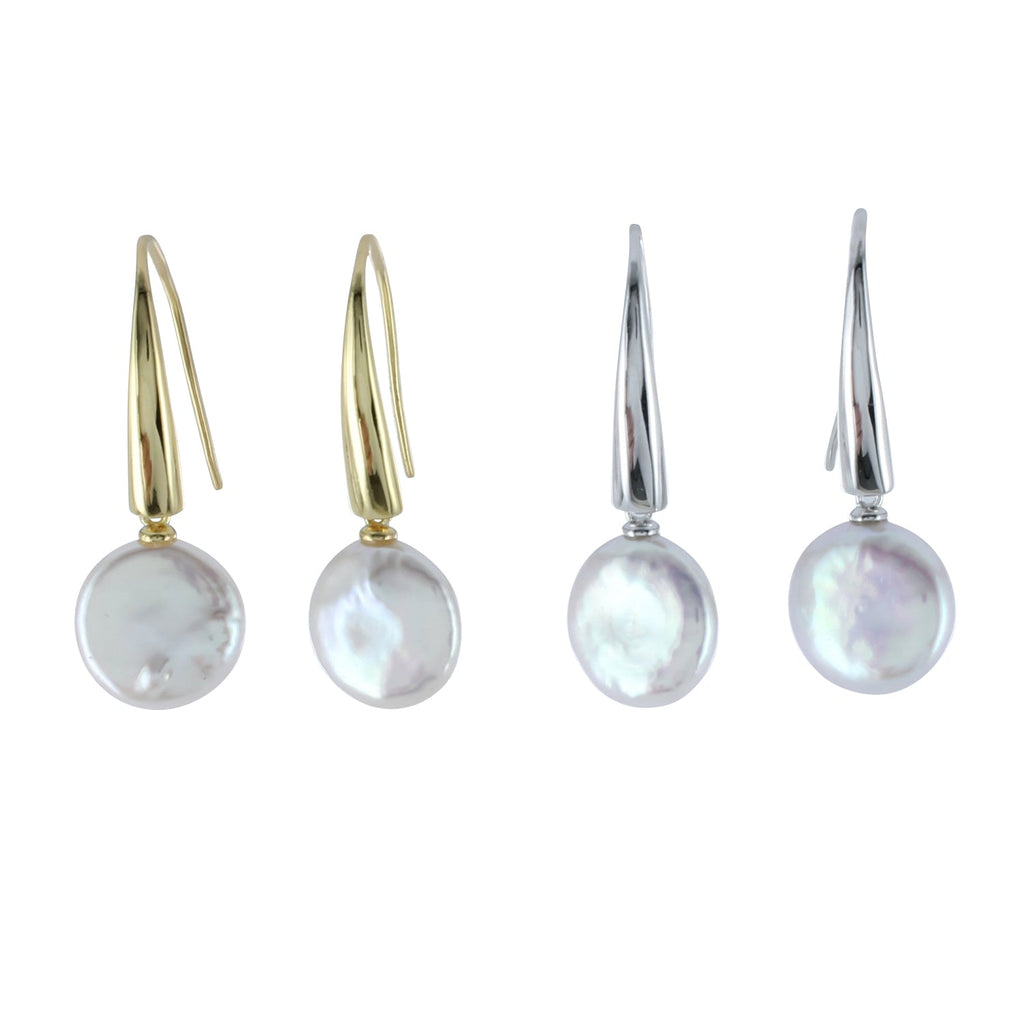 Two pairs of drop earrings, one silver and one gold plate with white button pearls hanging from the bottom of each hook.
