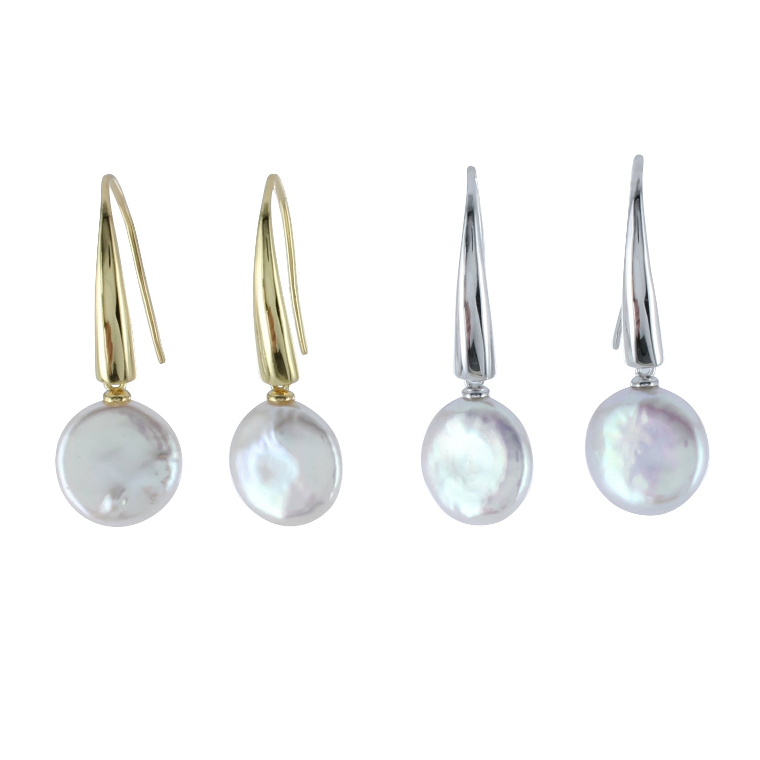 Two pairs of drop earrings, one silver and one gold plate with white button pearls hanging from the bottom of each hook.