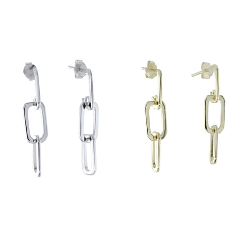 Two pairs of chain link drop earrings, one in sterling silver and one with 18ct gold plating. The posts sit in the ear with the paperlink chains hanging below.