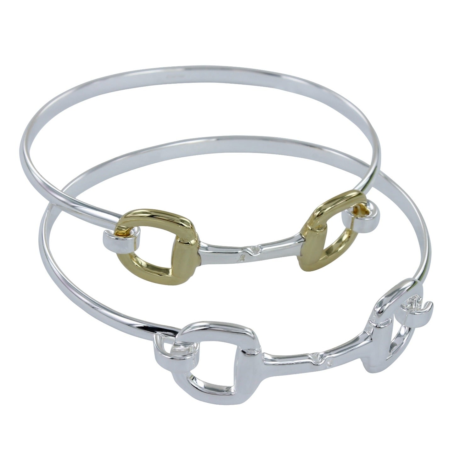Two sterling silver cuff bracelets, featuring a snaffle as the central design,  one with gold vermeil accents. The snaffle also doubles as the clasp.