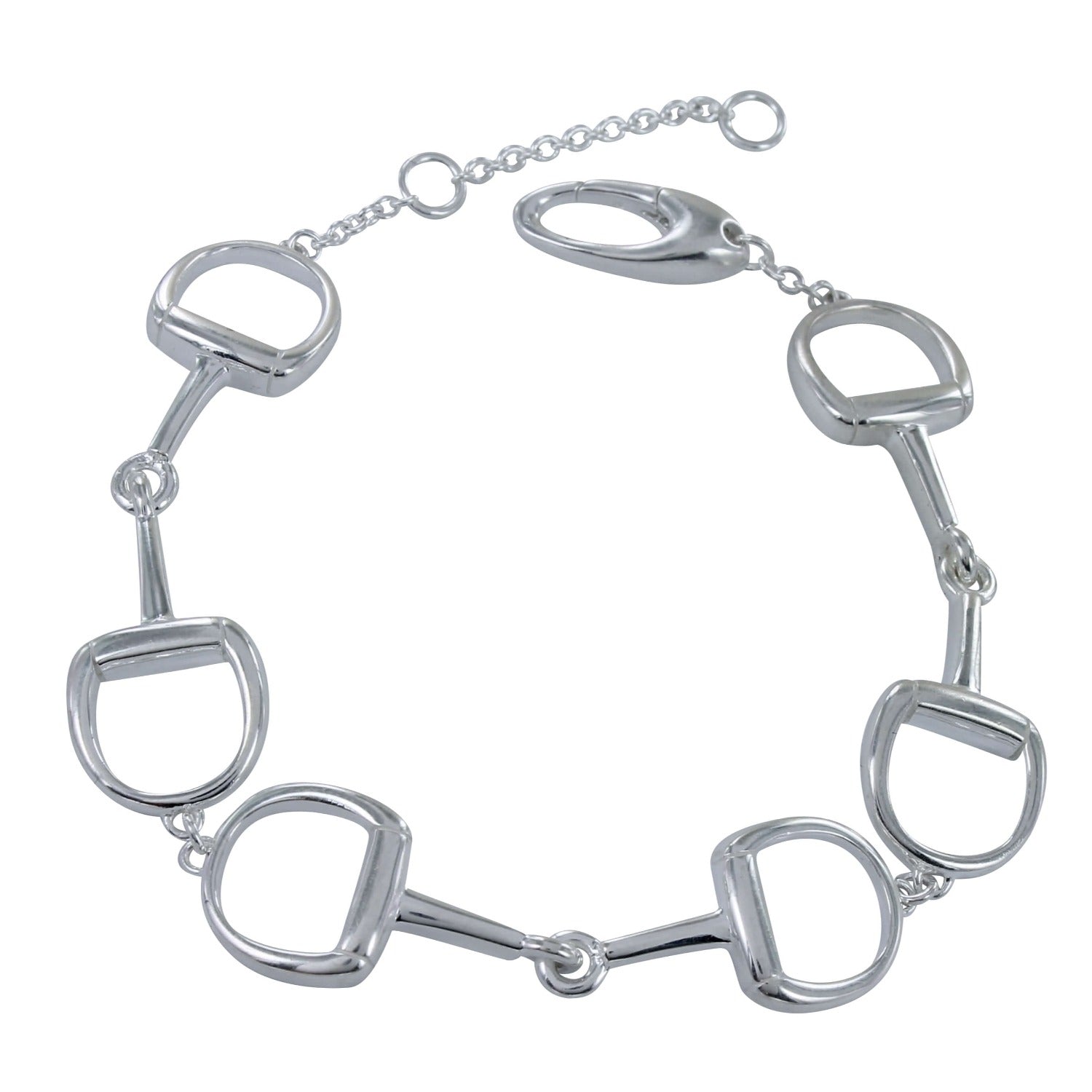 A chunky sterling silver bracelet featuring equestrian-inspired snaffle bit designs all the way around and finished with a lobster clasp and extender chain.