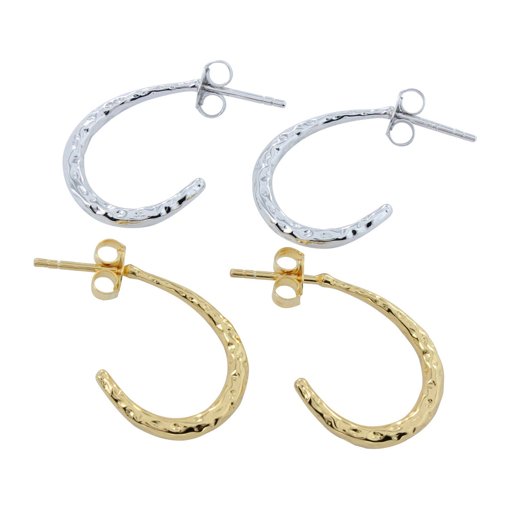 Two pairs of hoop earrings, one silver and one gold plate with a hammered finish. Butterfly backs on both pairs of earrings.