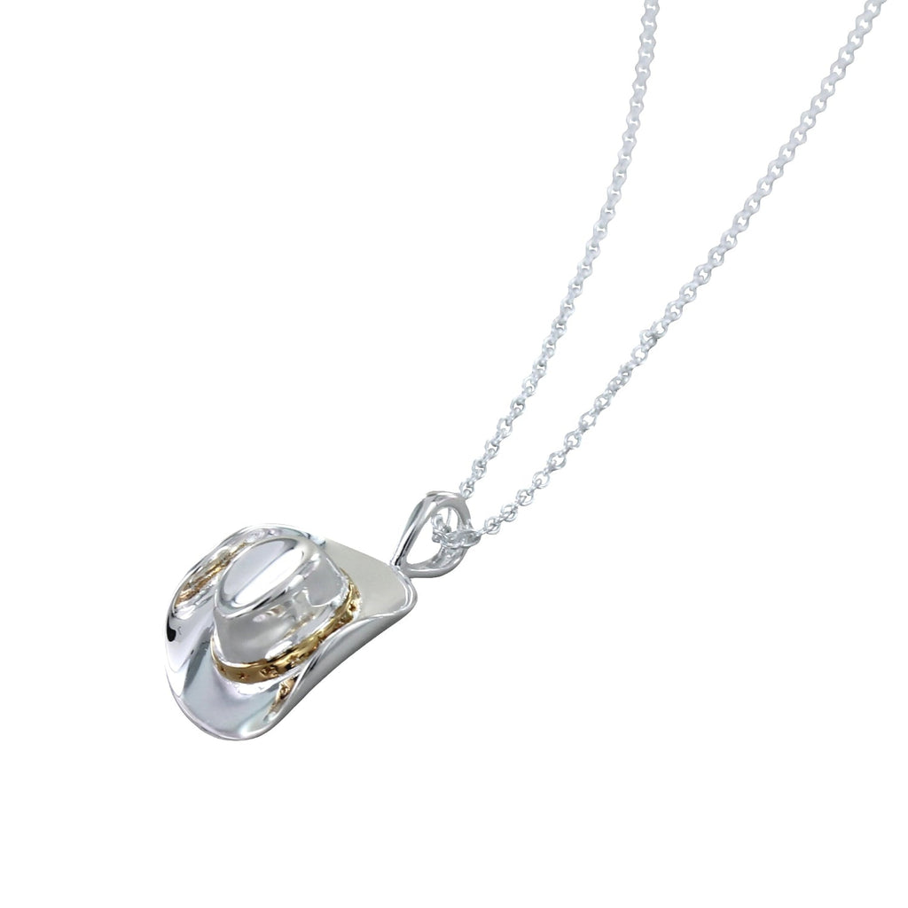 Sterling Silver Cowboy Hat Pendant with a gold plated rim, hanging on a silver adjustable chain.
