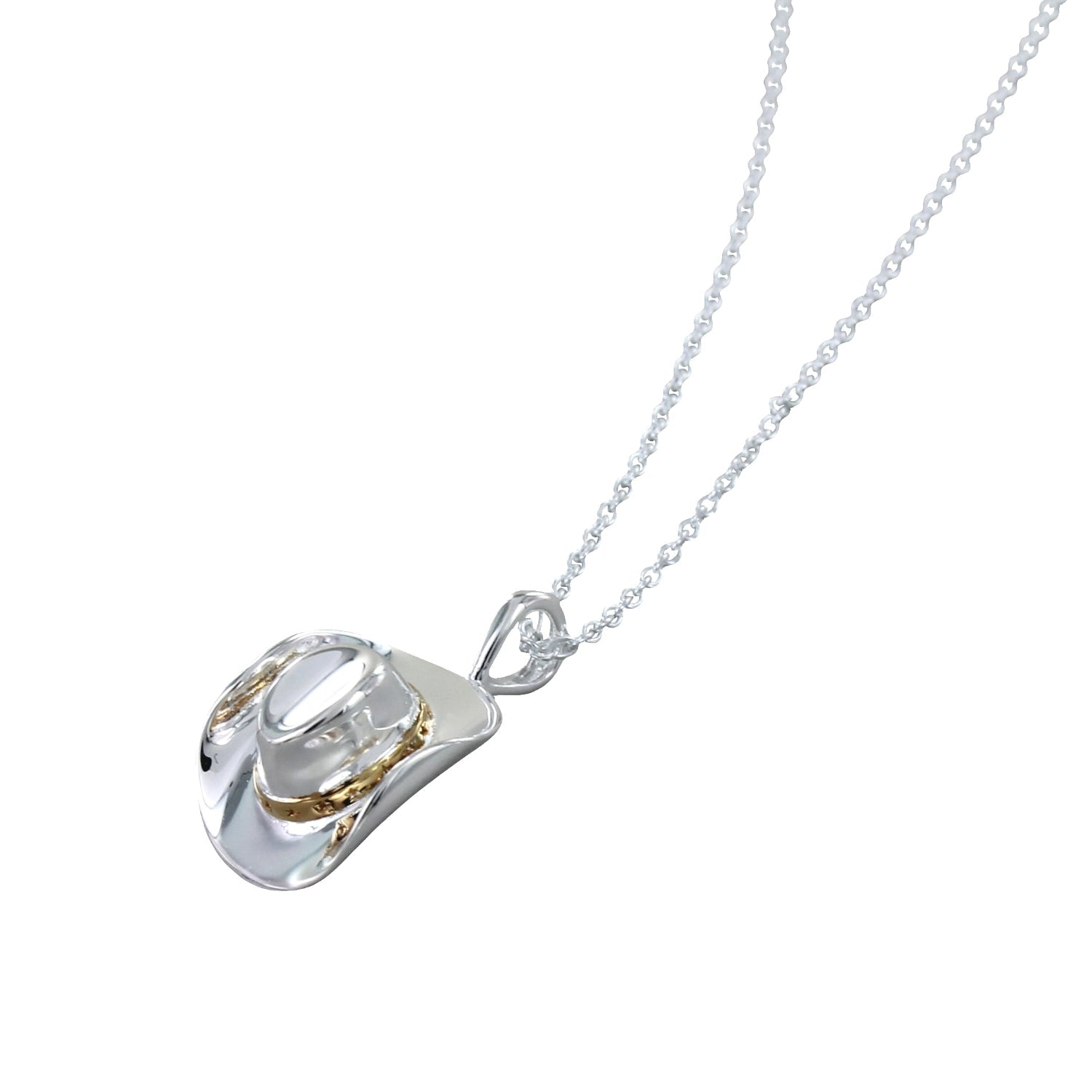 Sterling Silver Cowboy Hat Pendant with a gold plated rim, hanging on a silver adjustable chain.
