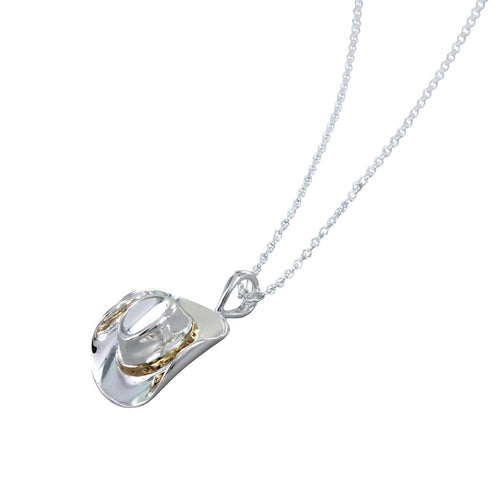 Sterling Silver Cowboy Hat Pendant with a gold plated rim, hanging on a silver adjustable chain.