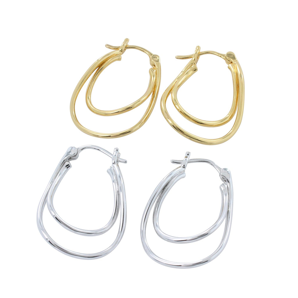 Two pairs of hoops, one silver and one gold with lever back fastening. Both hoops have a "double style" to them with one hoop inside the other.