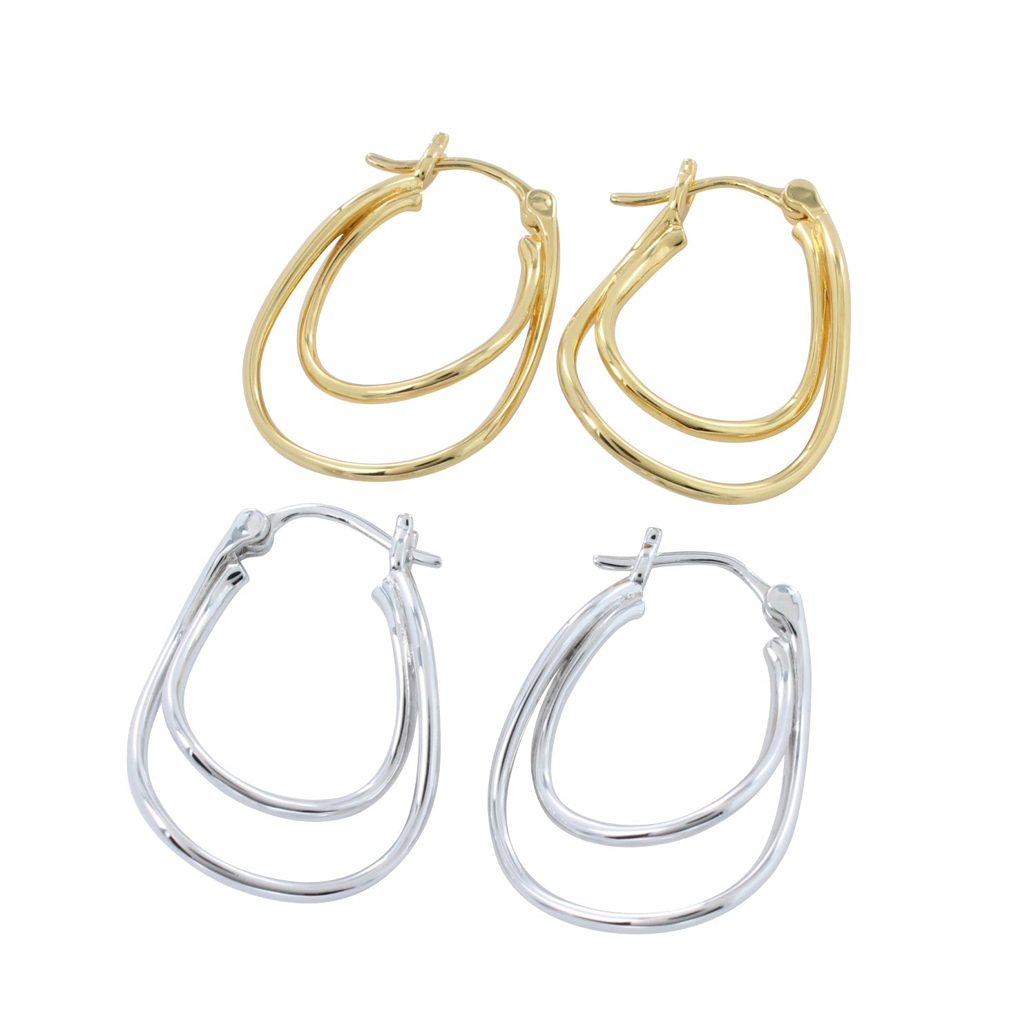 Two pairs of hoops, one silver and one gold with lever back fastening. Both hoops have a "double style" to them with one hoop inside the other.