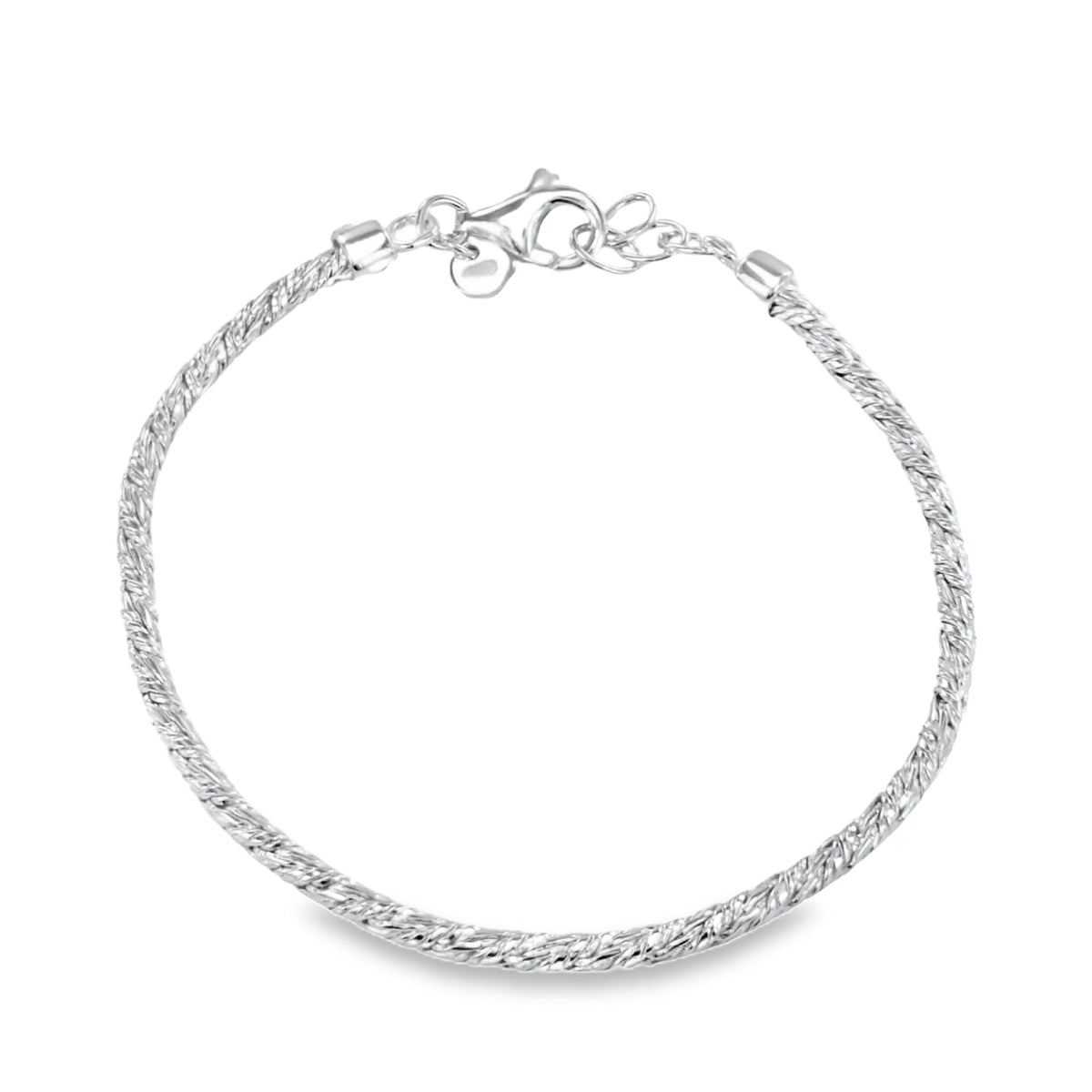 A sterling silver foxtail chain bracelet, finished with an adjuster chain and a lobster clasp. Shown on a white background.