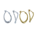 Two pairs of hoop earrings, one silver and one gold. The hoops have a twisted effect and a hinged fastening.