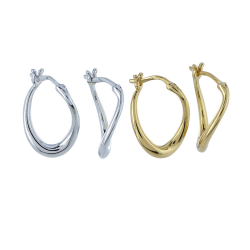 Two pairs of hoop earrings, one silver and one gold. The hoops have a twisted effect and a hinged fastening.