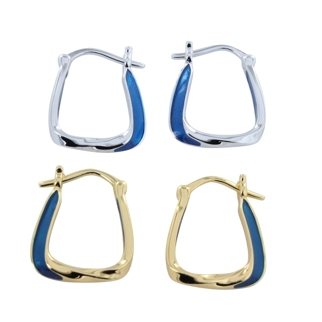 Two pairs of square hoop earrings, one gold plated and one silver, with blue enamel detail on one side of each hoop. The hoops have a hinged clasp.