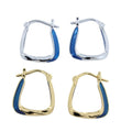 Two pairs of square hoop earrings, one gold plated and one silver, with blue enamel detail on one side of each hoop. The hoops have a hinged clasp.