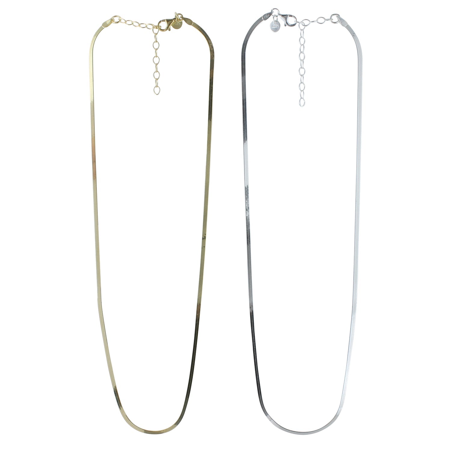 Two fine snake chain necklaces, one with a gold plate finish and the other in silver, both with adjustable lengths and presented against a white background.