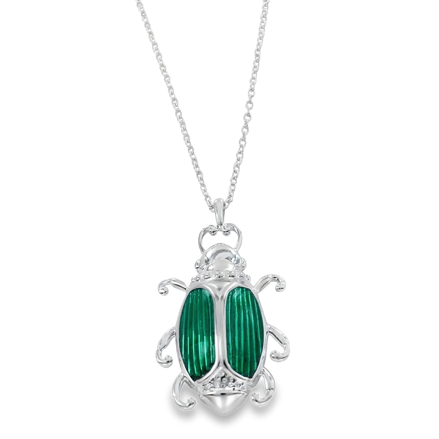 A sterling silver queen beetle pendant with emerald green enamel finish on its back. Hanging on a silver adjustable chain.
