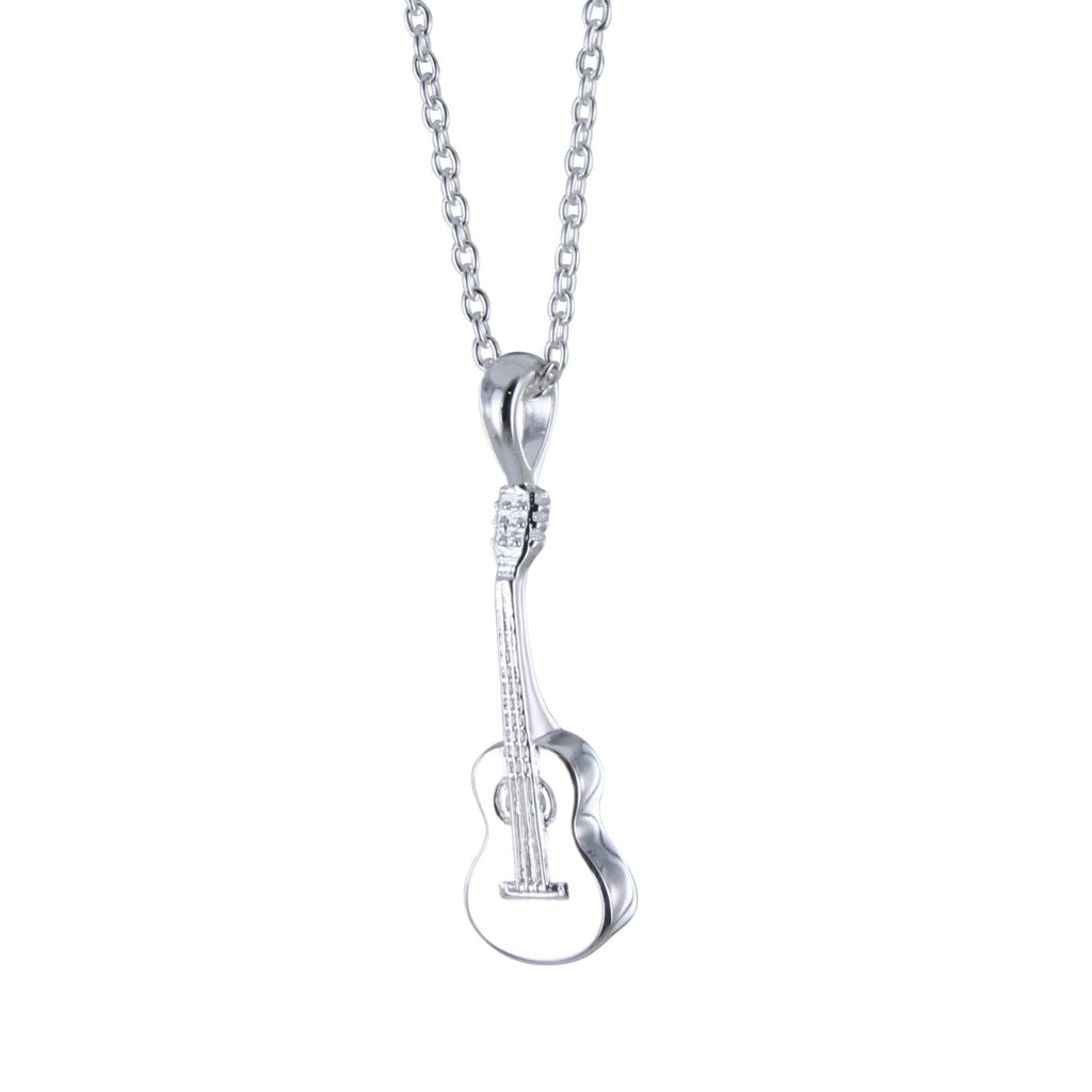 A Sterling Silver pendant in the shape of a guitar, hanging on a silver adjustable chain.