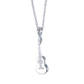 A Sterling Silver pendant in the shape of a guitar, hanging on a silver adjustable chain.