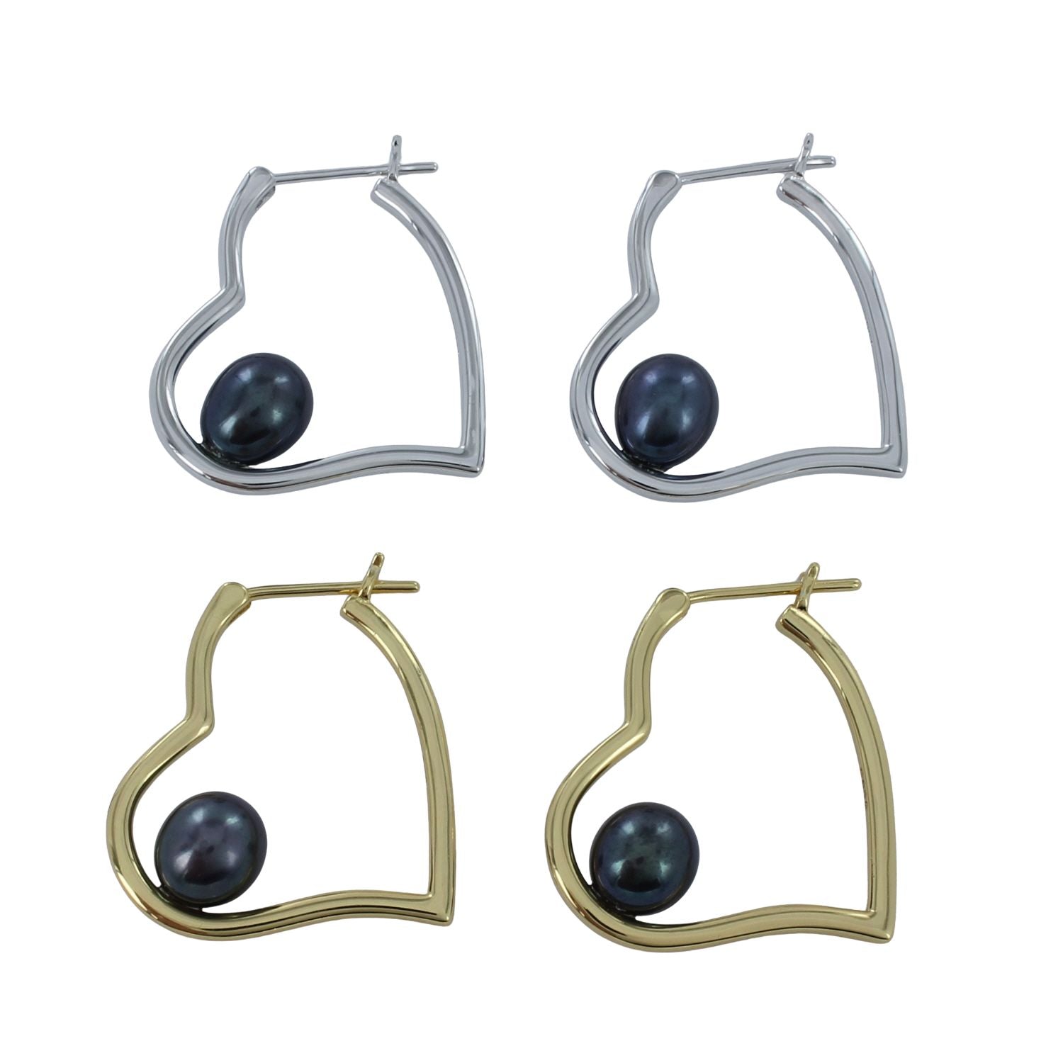 Two pairs of heart shaped hoop earrings, one silver and one gold plated, with dark peacock pearls sitting inside each heart.
