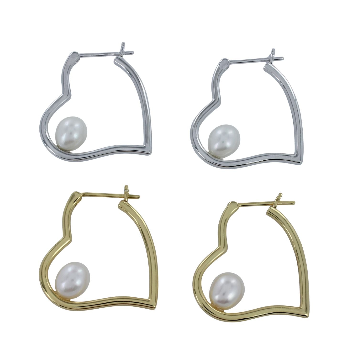 Two pairs of heart shaped hoop earrings, one silver and one gold plate with freshwater white pearls sat neatly inside the hearts.