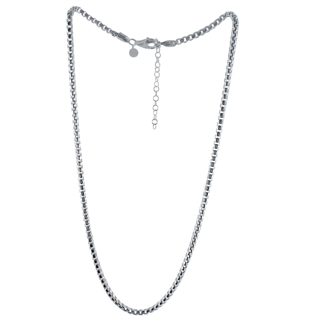 A sterling silver Men's box chain necklace, finished with a lobster clasp and adjustable feature.