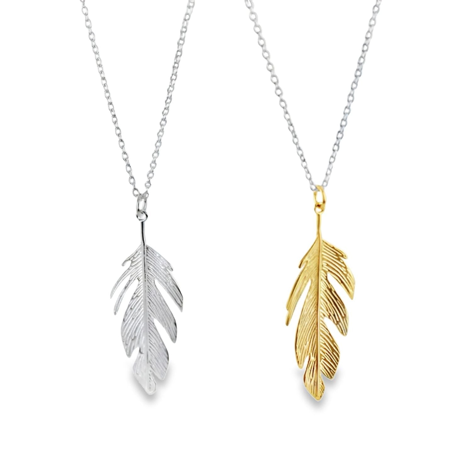 Two feather necklaces, one silver and one gold plate, hanging on silver adjustable chains.