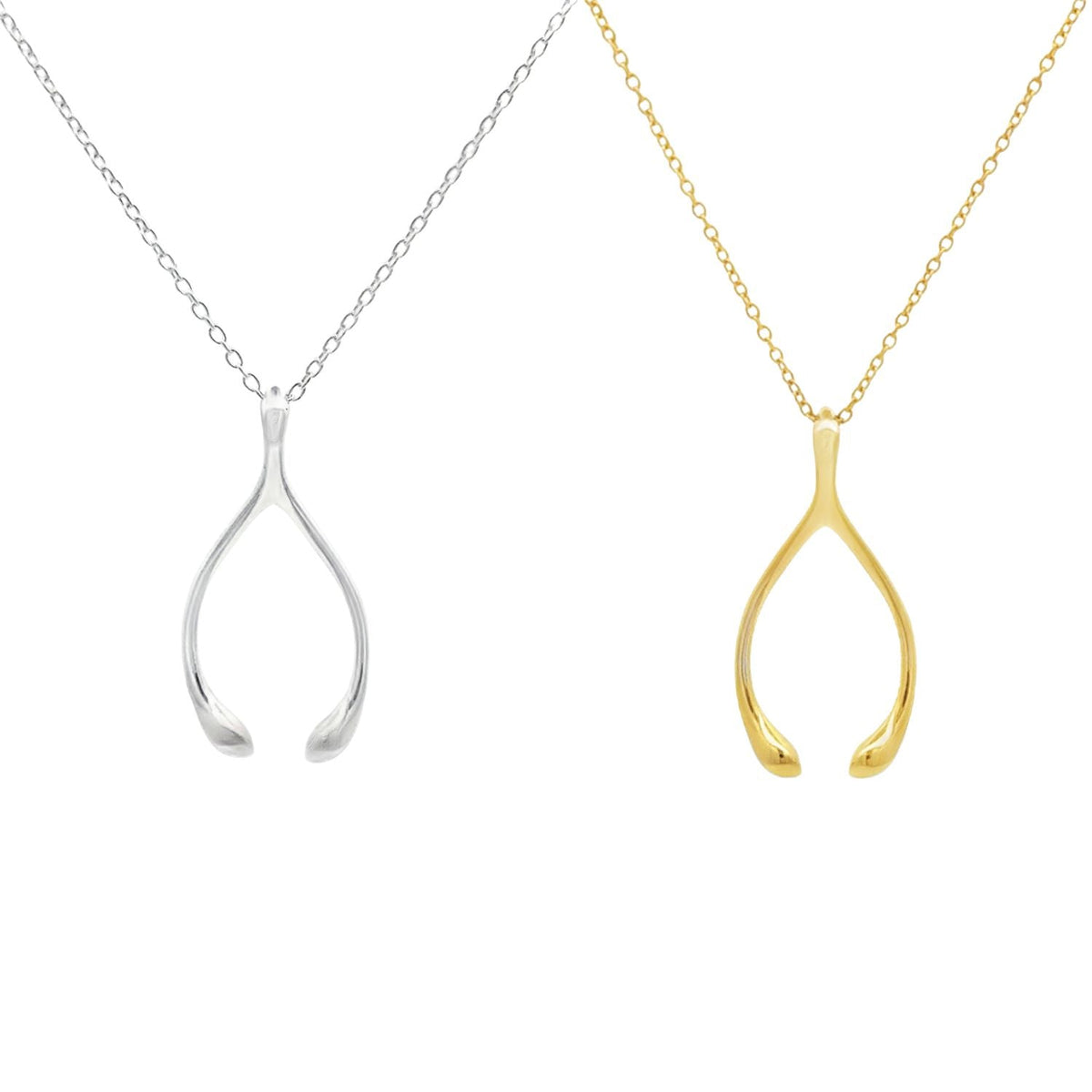 Two wishbone pendants, one in sterling silver and one with 18ct gold plating. The wishbones are sat on their corresponding colour chains.