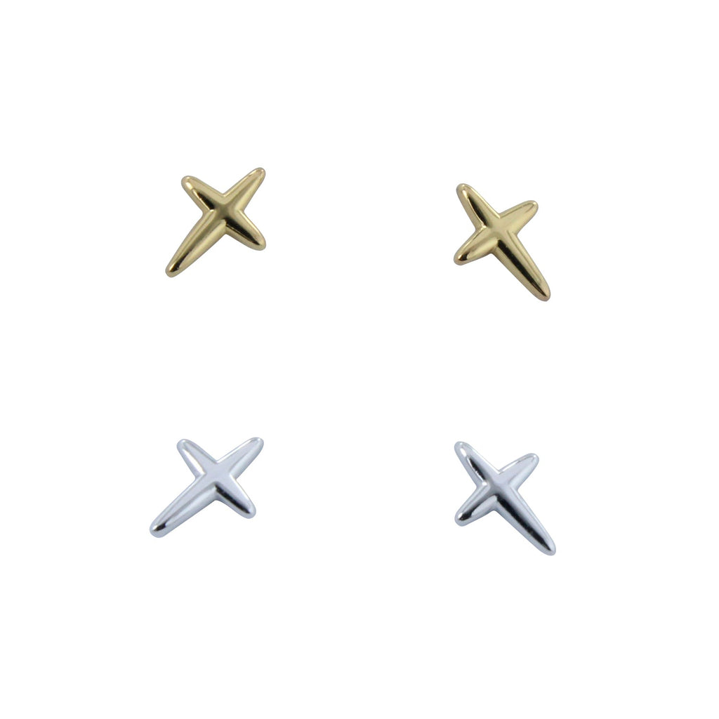 Two pairs of 'x' shaped studs, one pair silver and one pair gold plated.