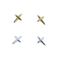 Two pairs of 'x' shaped studs, one pair silver and one pair gold plated.