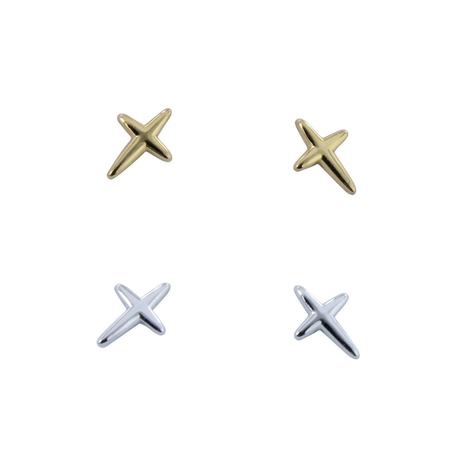Two pairs of 'x' shaped studs, one pair silver and one pair gold plated.