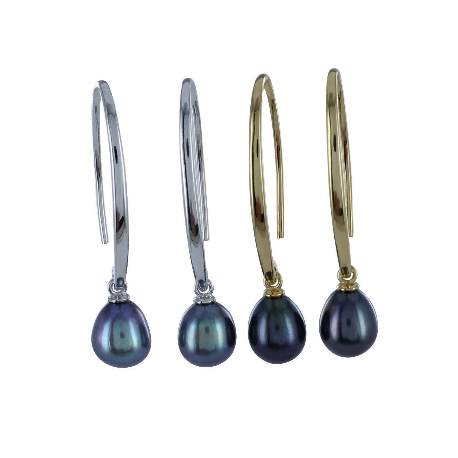 Two pairs of long loop drop earrings, one silver and one gold plated, both with dark peacock coloured freshwater pearls hanging from the bottom.