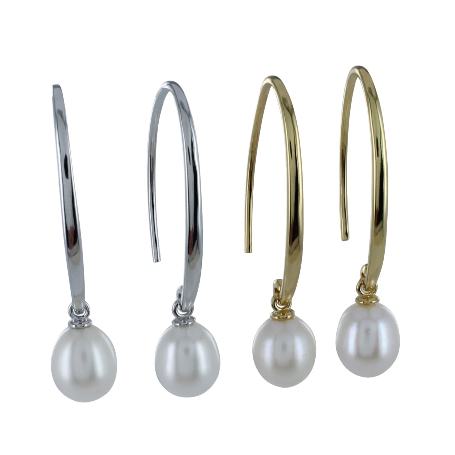 Two pairs of drop style earrings, one silver and one gold plate with white freshwater pearls hanging from the bottom.