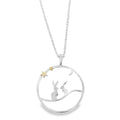 Sterling Silver Moonlit Hares Necklace, two silver hares sat in a circle outline underneath a silver moon and two gold plate stars. The pendant hangs on an adjustable silver chain. Nature inspired gift for her.